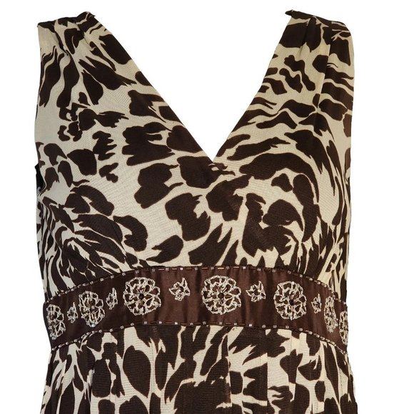 JESSICA HOWARD Brown Floral Hawaiian Chiffon Sleeveless Beaded Dress Womens 10 - Picture 2 of 8